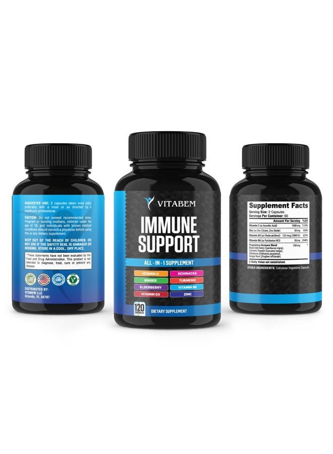 Vitabem 8 in 1 Immune Support Booster Supplement with Echinacea, Vitamin C and Zinc 50mg, Vitamin D 5000 IU, Turmeric Curcumin & Ginger, B6, Elderberry 120 Count (Pack of 1) - Image 3